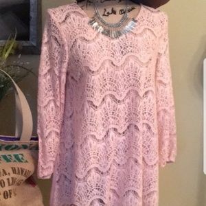 Long sleeve Lacey front/sheer back pink blouse